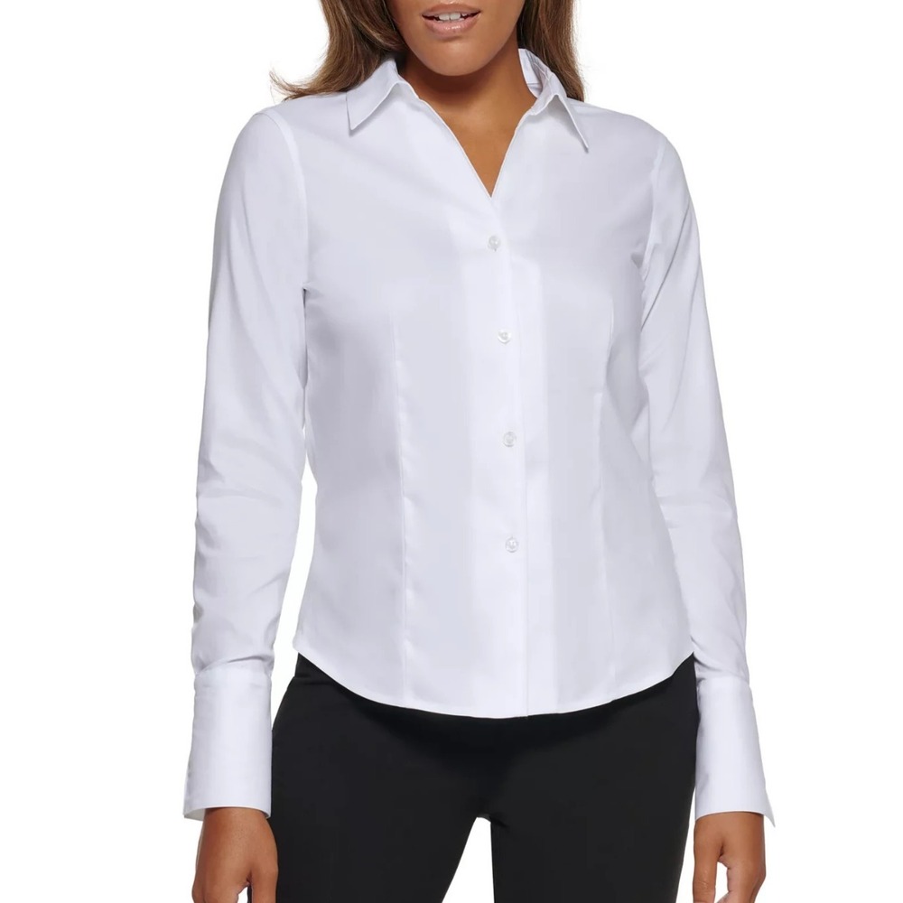 Calvin Klein White Cotton Blend Non-Iron Stretch Button Blouse Long Sleeve‎ 2P
